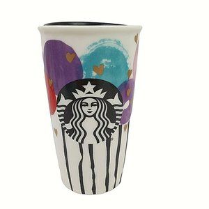 Starbucks Ceramic Travel Mug Mermaid Logo Colorful Balloons Hearts 12 oz  2016